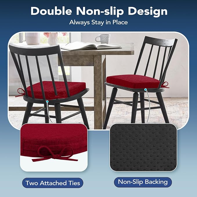 Chair Cushions for Dining Chairs, Non Slip Chair Pads with Ties and Washable Covers, Memory Foam Kitchen Chair Cushions Set of 4, 16"X16"X2.5", Red - Image 5