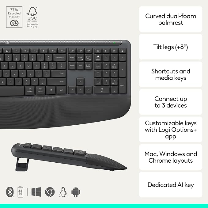Logitech Signature Comfort Plus MK880 Wireless Keyboard and Mouse- Graphite | Full-size, palm rest, silent clicks, Bluetooth connectivity, compatible with Windows and macOS - Image 2