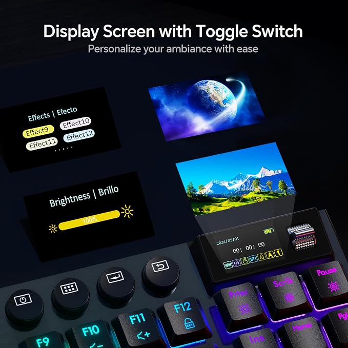 Hexgears Immersion A3 Low-Profile Wireless Mechanical Keyboard, TKL Hot-Swappable Aluminum Gaming Keyboard, BT5.0/2.4GHz/USB-C Tactile Switches, RGB Backlit, TFT Screen & 5800mAh Battery for Pc/Mac - Image 8