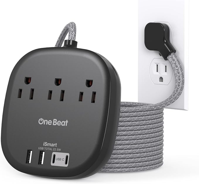 10 Ft Long Extension Cord, 22.5W/4.5A Flat Plug Power Strip, Black | 3 Outlets 4 USB Ports (2 USB C),Power Strip No Surge Protection for Cruise Ship, Home Office Dorm Room Travel Essentials by OneBeat