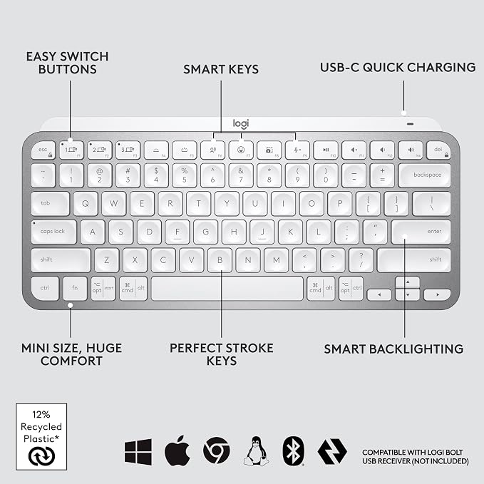 Logitech MX Keys Mini Minimalist Wireless Illuminated Keyboard - Pale Gray | Minimalist, illuminated, compact, backlit, USB-C, compatible with iOS, Windows, Linux, Android, metal build - Image 6