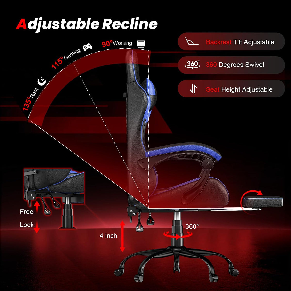 Gaming Chair with Footrest, Ergonomic Video Game Chair for Adults, Blue - Image 4