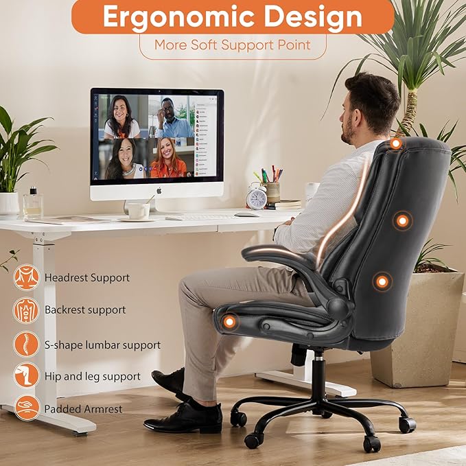 Sweetcrispy Computer Desk Chair, Lumbar Support Video Game Chair PU Leather | High Back Heavy Duty Task Desk, Flip-up Arms, Rolling Wheels, PU Leather, Inky - Image 5