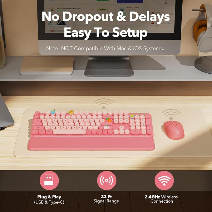 Wireless Keyboard and Mouse Combo, Cute Full-Size Retro Typewriter Keyboard with Round Keycaps, Magnetic Wrist Rest, Tilt Legs, 2.4GHz Cordless for Mac, Windows PC, Laptop, SABLUTE CK23, Baby Pink | Full-Size Retro Typewriter-Style Keyboard, Tilt Legs,... - Image 7
