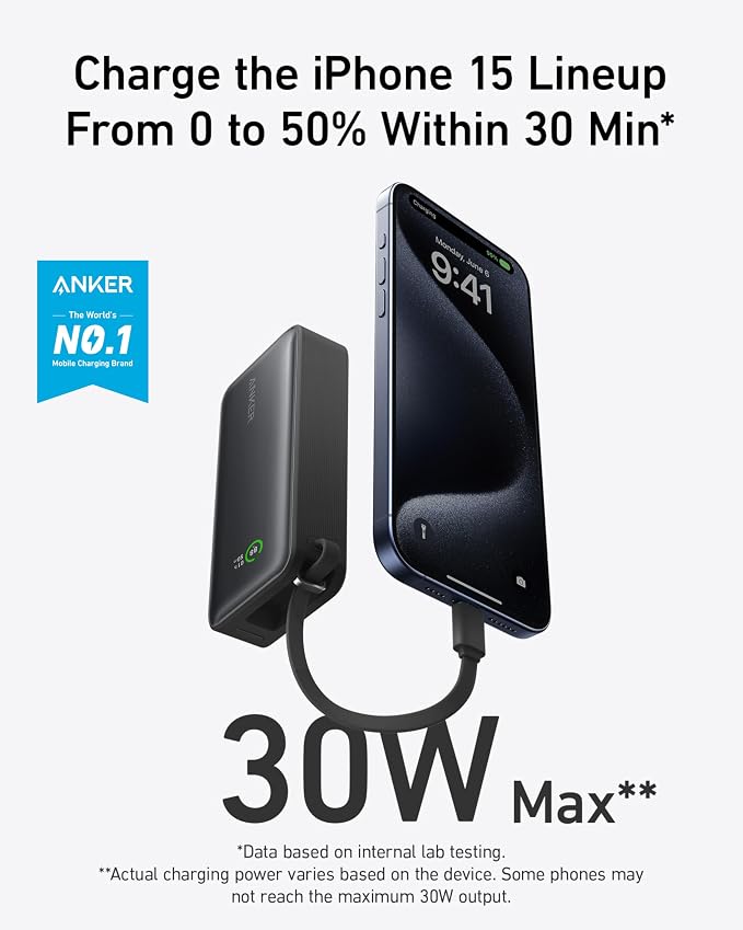 Anker Nano Power Bank,10,000mAh 30W Portable Charger,Built-in USB-C Cable | 30W Recharging and Output, USB-C and USB-A Ports, for iPhone 17 / 16 / 15 Series, MacBook, Galaxy, AirPods, and More - Image 2