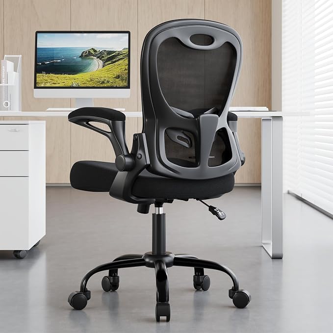 Office Chair 330 lbs Capacity, Ergonomic Breathable Mesh Desk Chair with Lumbar Support & Flip-Up Armrest, High Back Computer Chair for Home Office, Black by Synorla