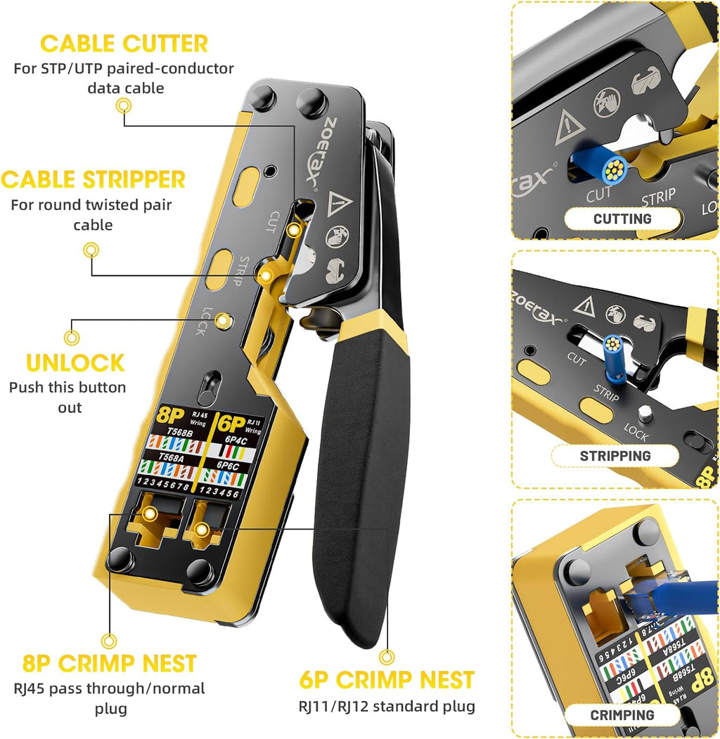 RJ45 Crimping Tool Ethernet Crimp Tool Crimper, Yellow - Image 2