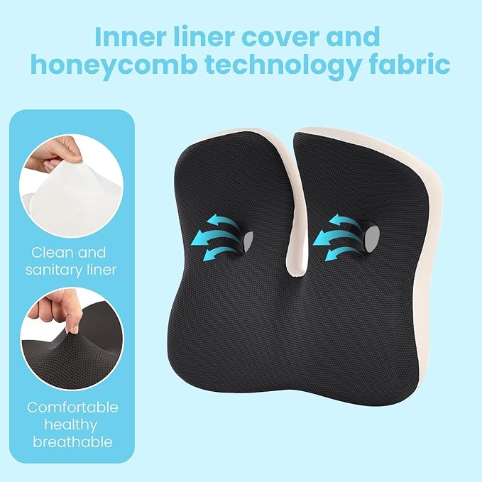 Seat Cushion, Memory Foam for Sit Bone and Back Pain Relief | Dual-Hole Ventilation, Coccyx,Sciatica and Tailbone Hip Relief ,Posture Support ,Office Chair and Car Seat,Home Use - Image 6
