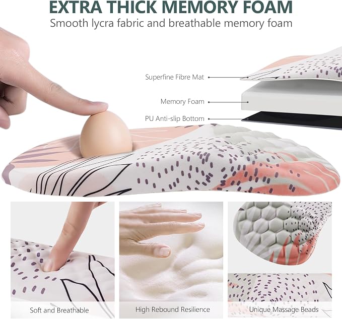 Ergonomic Mouse Pad & Keyboard Wrist Rest Set, Memory Foam | Memory Foam Wrist Cushion, Non-Slip PU Base, Massage Design, Relieves Wrist Pressure for Work, Gaming & Office Use,Leaf - Image 3