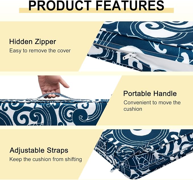downluxe Outdoor Chair Cushions Set of 4, Waterproof 19" x 19" x 3" Patio Chair Cushion with Non-Slip Ties & Handle, Square Outdoor Cushion for Patio Furniture with Removable Cover, Blue Carp - Image 5