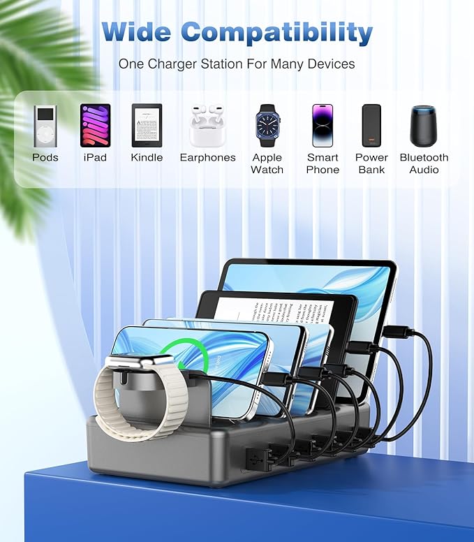 50W Fast Charging Station, 6 Port Charging Station for Multiple Devices | Compatible with iPhone,iPad, Tablet,Kindle ect,with 6 Short Cables and Apple Watch Holder（Space Gray） - Image 6