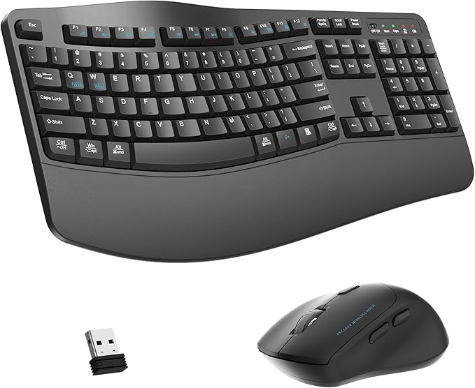 Wireless Keyboard and Mouse Combo,2.4G Full Size Ergonomic Wave Keys(Gray) | Cordless Keyboard with Wrist Rest,3-Level DPI Ergonomic Mouse for Office and Home,Windows/Mac OS/Desktop/Laptop/PC by RECCAZR