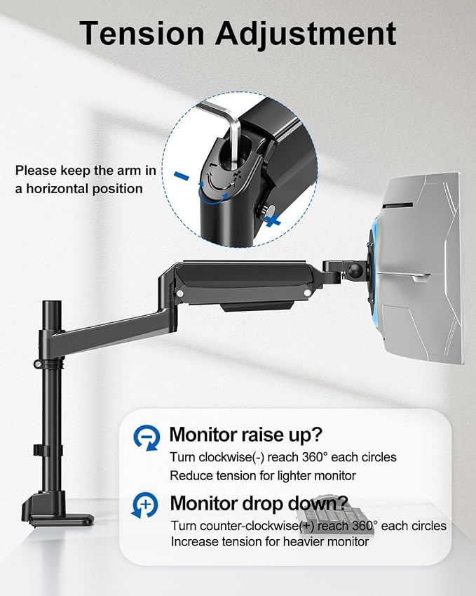 Heavy Duty Single Monitor Mount for Max 49" Ultrawide Screens | Hold 7.7 to 44 lbs, Premium Monitor Arm for Samsung Odyssey G9 and More, Adjustable Gas Spring Desk Stand, VESA Mount - Image 8