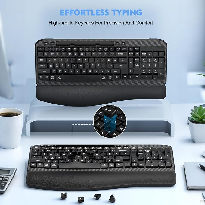 EAYBLLY 2.4G Wireless Ergonomic Keyboard, Full Size Wave Keys with Memory Foam Wrist Rest & 7.28in Phone Holder, USB-C Adapter Included for Windows Mac Chrome OS, Office or Home (Black) - Image 6