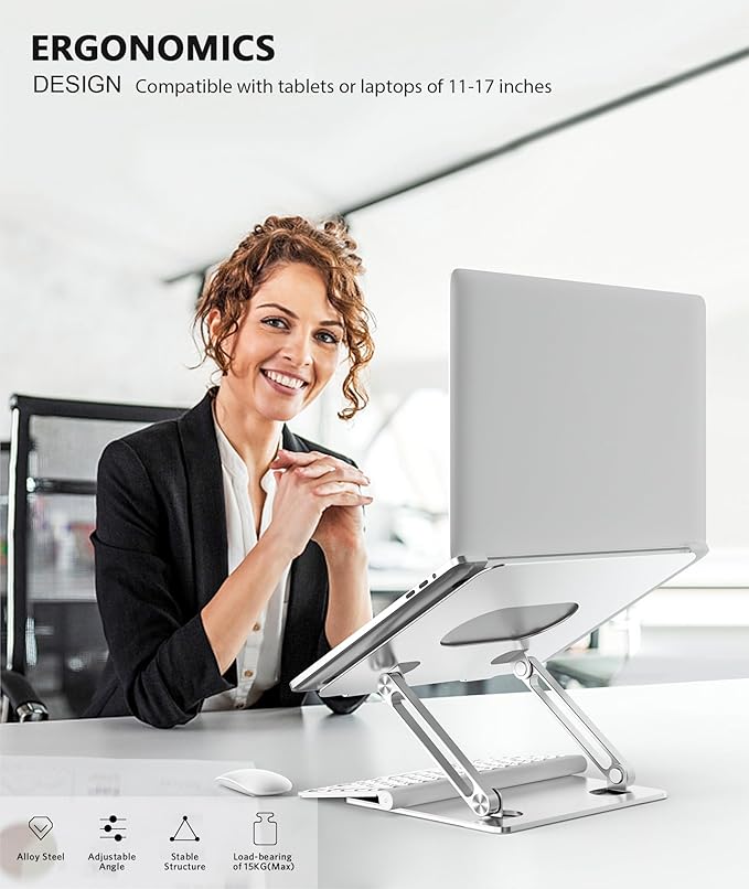 BoYata Laptop Stand, Adjustable Multi-Angle Riser, Up to 17 Inches, Silver | Sturdy Alloy Steel, Heat-Vent Design and Silicone Pads Support Laptops up to 17 Inches, Including MacBook and Surface - Image 2