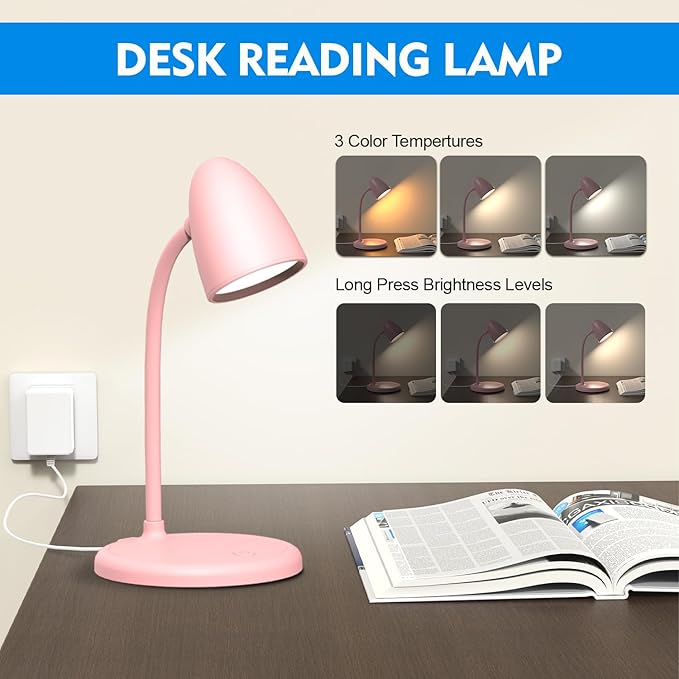 LED Desk Lamp for Home Office,Dimmable Table Lamp 3 Light Colors | Reading Light for Bedside Small Desk Lamp for College Dorm Room,Bedroom Desk Light Pink - Image 5