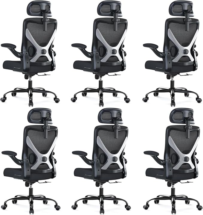 Ergonomic Office Chair: Mesh Desk Chair Comfy with Headrest& Lumbar Support | Ergalithic Big and Tall Office Chairs with Wheels & Flip-Up Arms-Computer Gaming Chairs for Adults (Black-Pack of 6) by Ergalithic