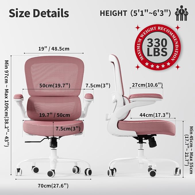 TRALT Ergonomic Office Chair Desk Chair with Adjustable Lumbar Support | Desk Chair Comfy with Flip-up Armrests Ergonomic Chair - Mesh Computer Chairs for Adults, 330lbs, PU Leather (Pink, 1) - Image 2