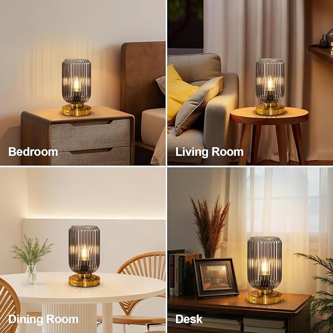 LightRound Cordless Table Lamp for Bedroom, Touch Stepless Dimmable | 7500mAh Rechargeable Battery, Gray Glass Shade, Brushed Gold Base, Bulb Included, Modern Wireless Lamp for Desk, Living Room - Image 8