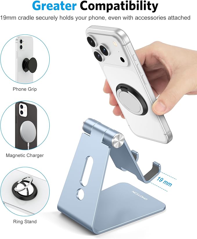 OMOTON Adjustable Cell Phone Stand, Aluminum Desktop Cellphone Stand with Anti-Slip Base and Convenient Charging Port, Fits All Smart Phones, Light Blue - Image 5