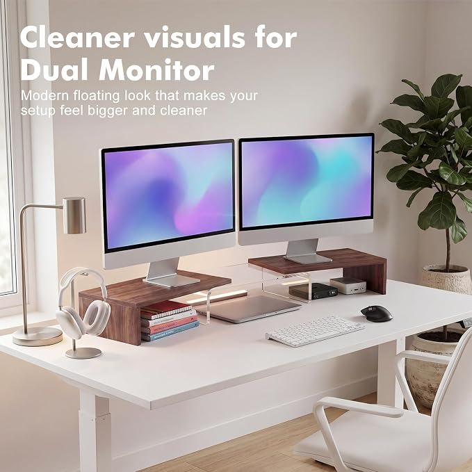 High-Clarity Dual Monitor Riser, Acrylic Monitor Riser, Adjustable Angle & Length Computer Monitor Stand, Wide Desk Shelf for Top of Desk for Home Office_Walnut Look Small - Image 4