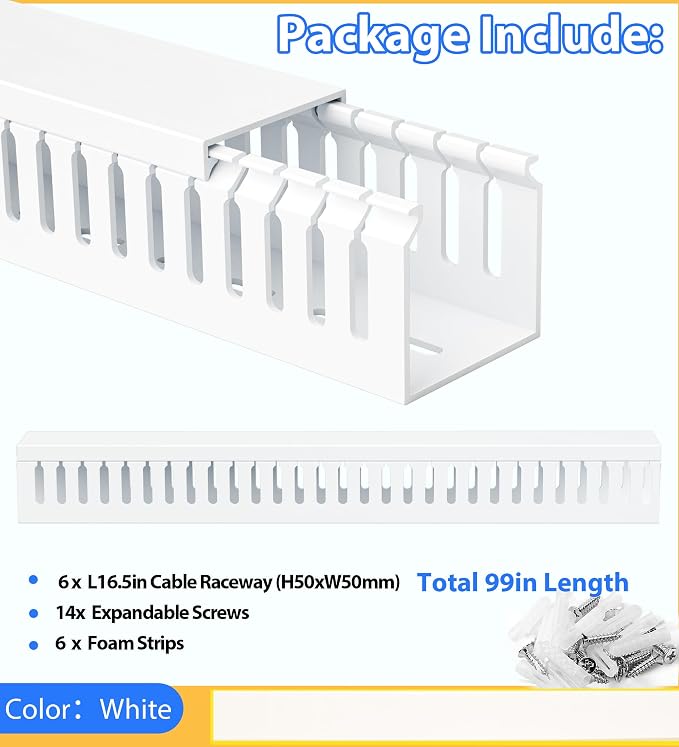 2" H x 2" W Cable Raceway, 99in Under Desk Wire Management Channel, White | Slotted Wire Duct, 6Pack, 16.5in Each, Heavy-Duty PVC Cable Management for Server Racks, Network Cables & Electrical Cabinets - Image 6