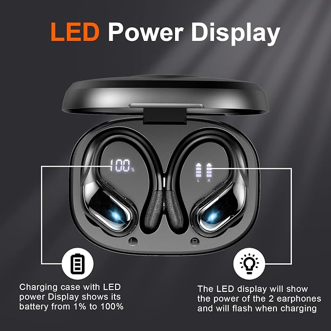Ltinist Wireless Earbud, Bluetooth 5.3 Headphones Pure Bass Sound with Earhooks, 75H Battery Over Ear Headphones with Dual-LED Display, IP7 Waterproof Earphones Built-in Microphone for Running Sports - Image 4