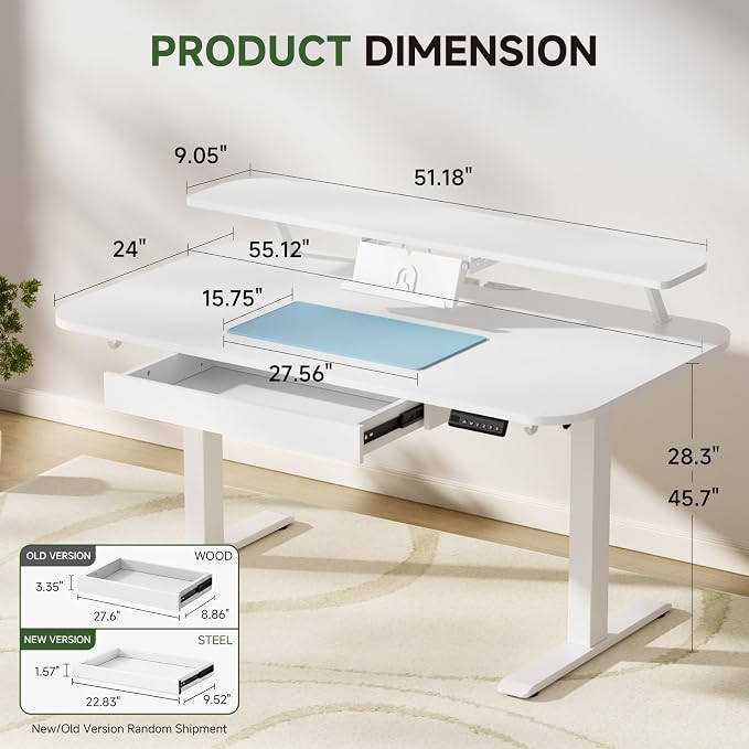 GTPLAYER Electric Standing Desk with Drawers, 55 x 24 Inches Height Adjustable Computer Desk with Monitor Stand, Laptop Stand, Sit Stand up Desk with Memory Preset for Home, Office, White - Image 2