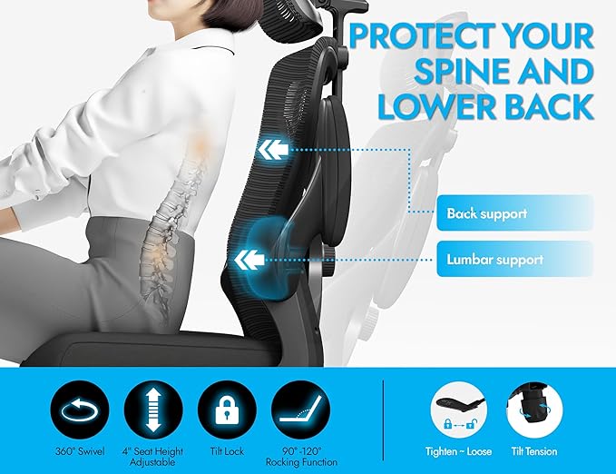 Ergonomic Office Chair: Mesh Desk Chair Comfy with Headrest& Lumbar Support | Ergalithic Big and Tall Office Chairs with Wheels & Flip-Up Arms-Computer Gaming Chairs for Adults Home Office (Full Black) - Image 6