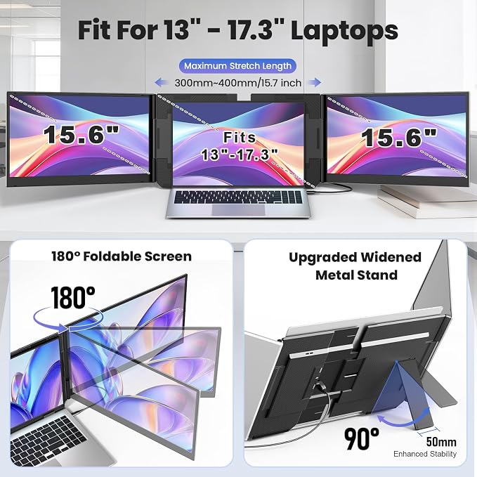 One Cable Laptop Screen Extender, 15.6” Ultra-Slim Triple Portable Monitor, 1080P FHD IPS Display, USB-C/A Connection, Travel Monitor for 13–17.3" Laptops, for Mac/Win/Android (Driver Required) - Image 9