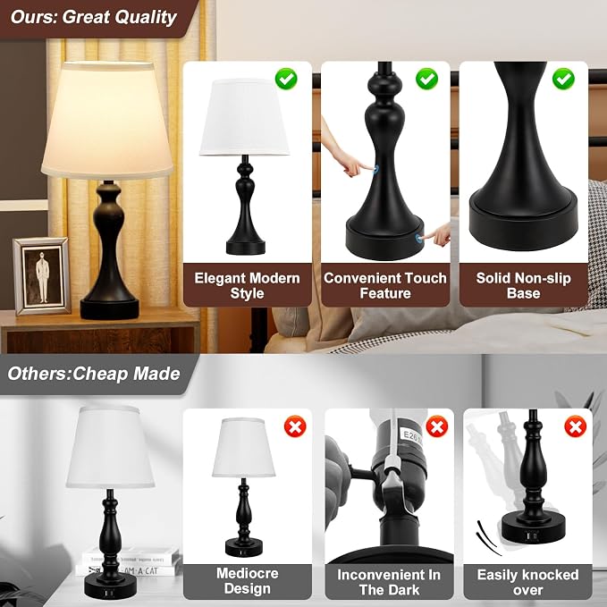 Touch Lamps for Nightstand, 3 Way Dimmable Bedside Lamps with USB C+A Ports | Touch Control, LED Bulb Included, Small Black Table Lamp for Bedroom, Night Stands, End Table, Gift，Corded，White Shade - Image 9