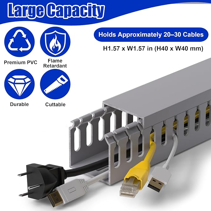 1.6"H x 1.6"W Cable Raceway, 12ft Under Desk Wire Management Channel, Black | Slotted Wire Duct, 4 Pack (3 ft Each), Heavy-Duty PVC Cable Management for Server Racks, Network Cables & Electrical Cabinets - Image 3