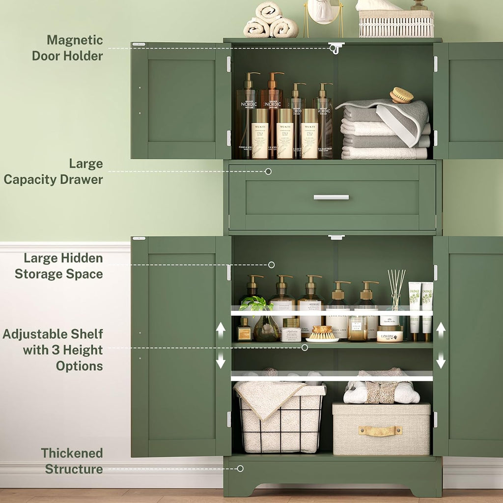 Bathroom Floor Storage Cabinet with Adjustable Shelf, Freestanding Storage Cabinet with 4 Doors, Cupboard for Living Room, Home Office, Entryway, Forest Green - Image 5