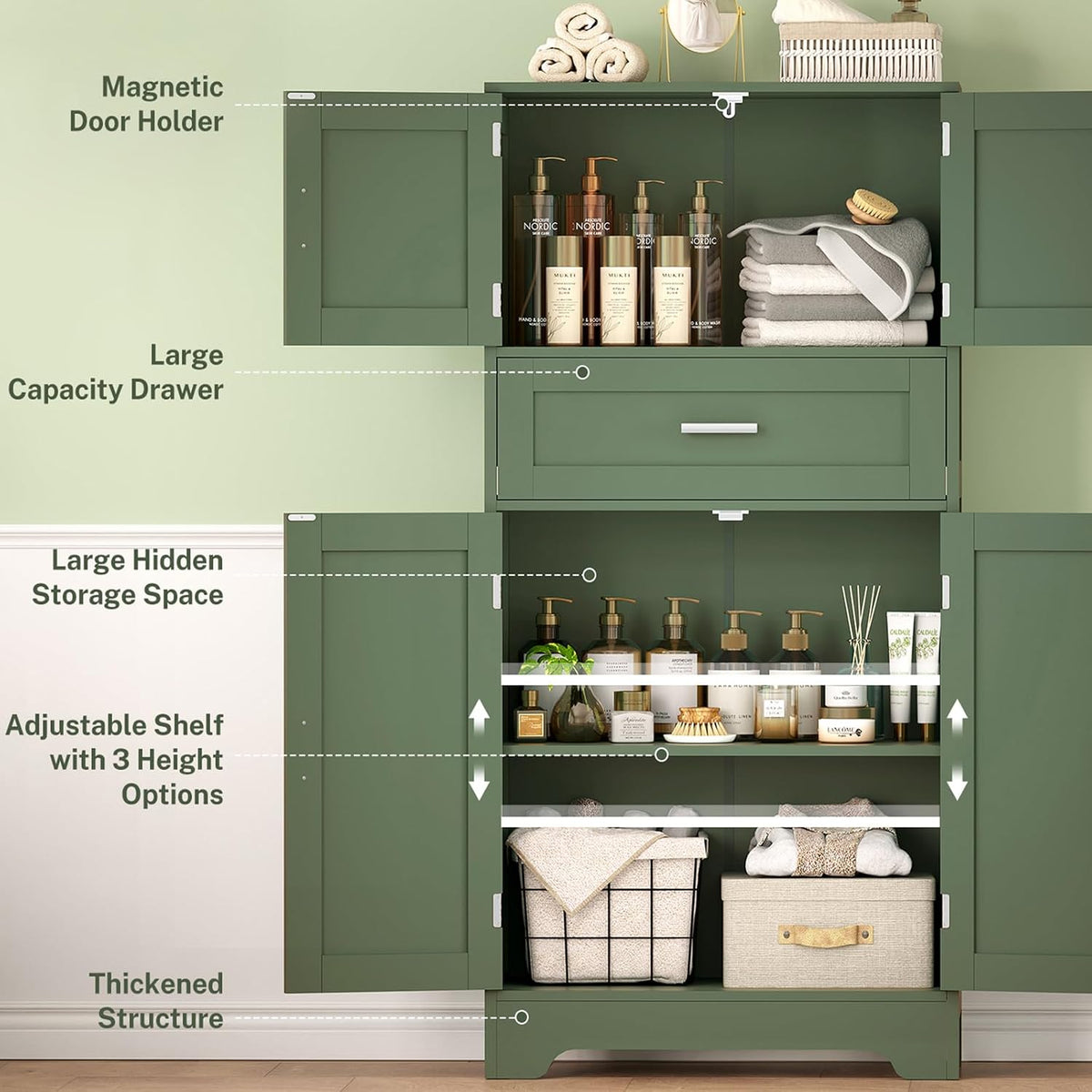 Bathroom Floor Storage Cabinet with Adjustable Shelf, Freestanding Storage Cabinet with 4 Doors, Cupboard for Living Room, Home Office, Entryway, Forest Green - Image 5