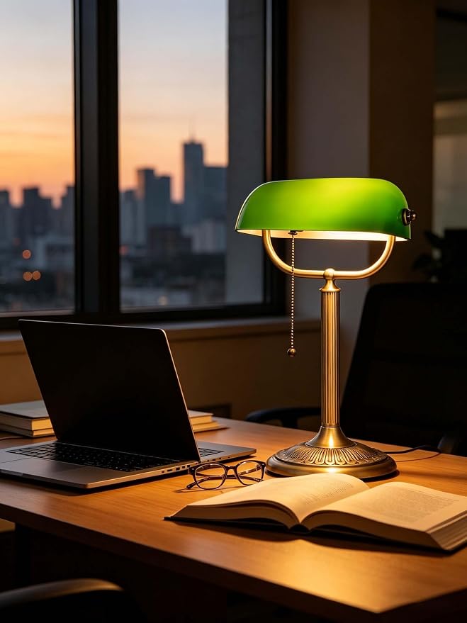 1-Minute Quick-Change Shade Classic Green Glass Bankers Desk Lamp | Study Office Library, LED Bulb Included - Image 7