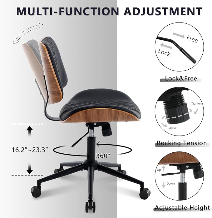 Home Office Chair No Arms with Wheels, Mid Back Walnut Style, Black | Adjustable Height Small Desk Chair, PU Leather Mid Back 360 Swivel Computer Seating, Armless Walnut Office Chair, 300LBS - Image 7
