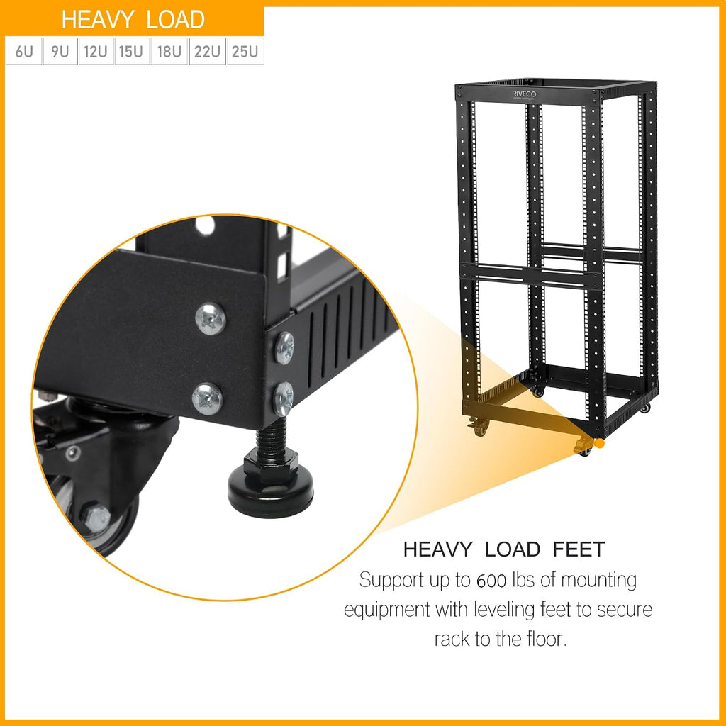 12U Server Rack Open Frame with Casters-RIVECO 4 Post Quick Assembly 19-inch, Data Rack Network Shelf Cabinet Heavy Duty Black - Image 5