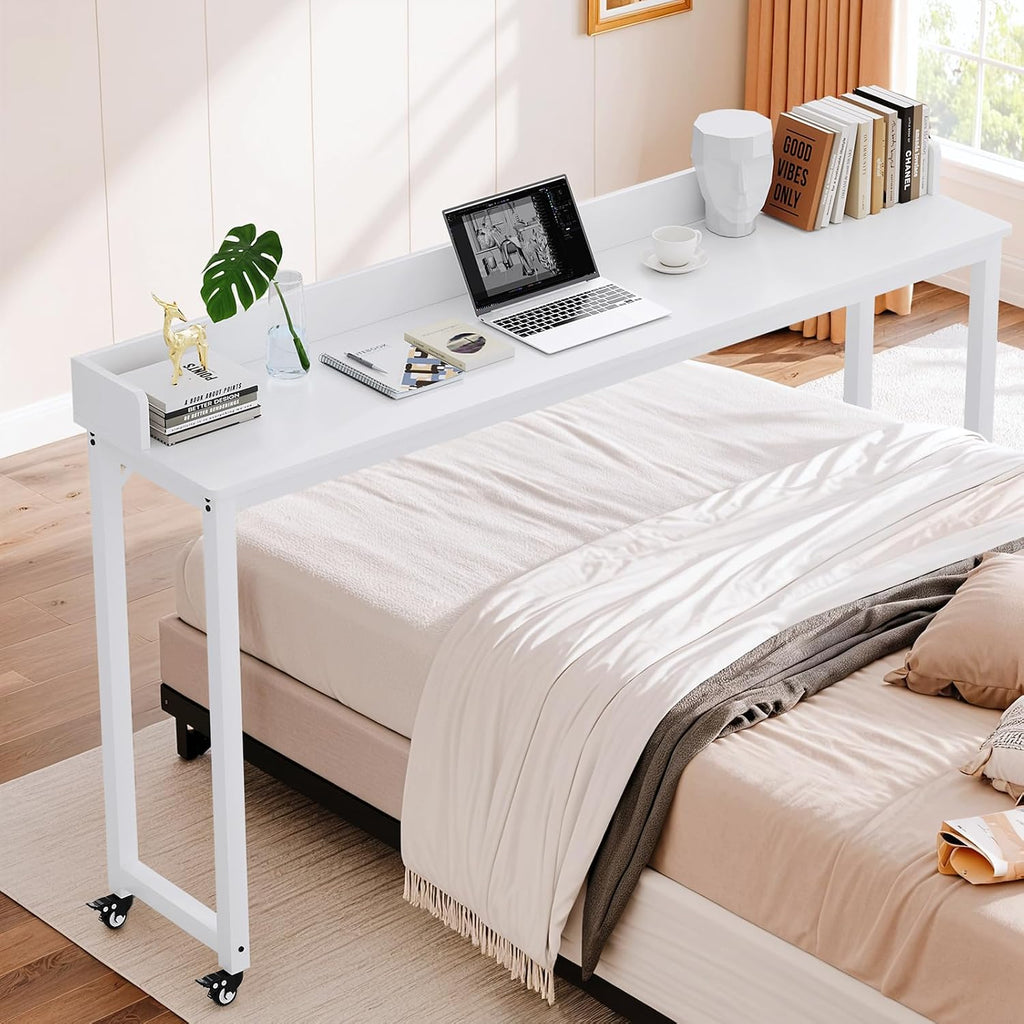 Overbed Table with 360° Wheels, Queen Size Mobile Bed Desk, White - Image 6