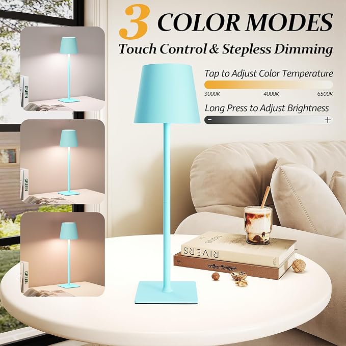 CHLORANTHUS 2 Pack Cordless Table Lamps, 3 Colors Stepless Dimming, 5000mAh Rechargeable Battery LED Desk Lamp for Bedroom/Couple Dinner/Desk/Cafe/Dining Room/Terrace - Image 7