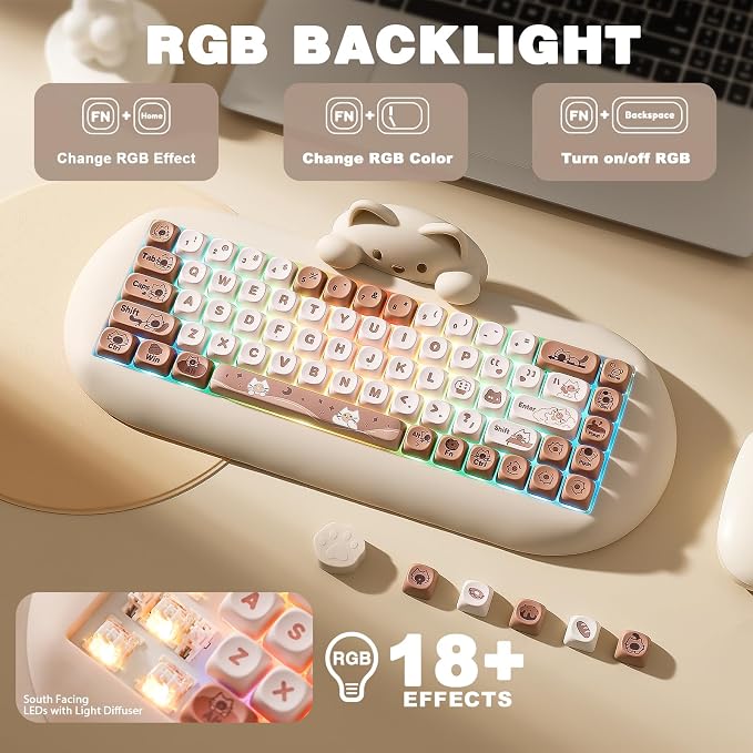 YUNZII C68 Silicone Cute Cat Mechanical Keyboard (Brown,Cocoa Cream Switch) | Wireless Triple Mode BT5.0/2.4G/Wired, RGB Backlit NKRO, Cute Cat Silicone Ergonomic Design for Win/Mac - Image 4