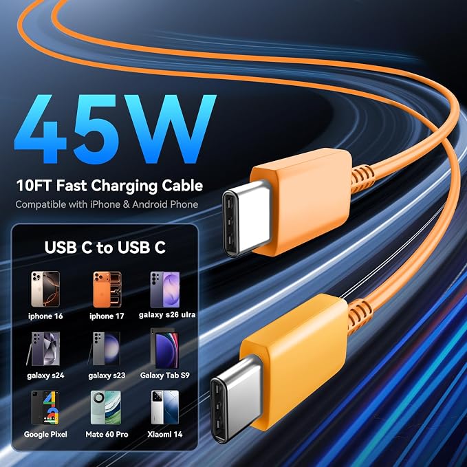 Type C Charger Fast Charging 60W Super Fast USB C Fast Charger Block with 10FT Extra Long C to C Charging Cord for Samsung Galaxy S26 Ultra/S26/S26+/S25 /S24/S23 Ultra/iPhone 17 16 15 Pro Max-Orange - Image 5