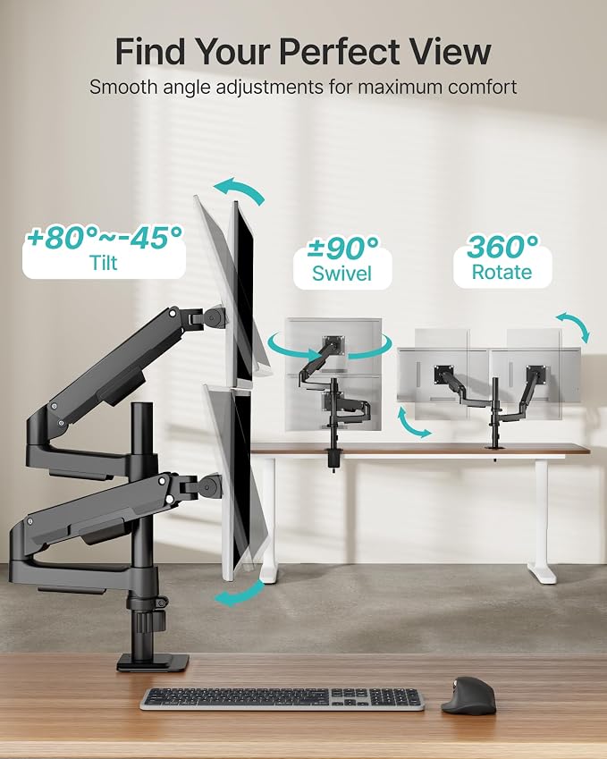Dual Monitor Stand for 17-32 Inch Screens, Gas Spring Arms | Full Motion Mount with Cable Management, Support up to 19.8 lbs，Computer Monitor Arm with Clamp/Grommet Base - Image 3
