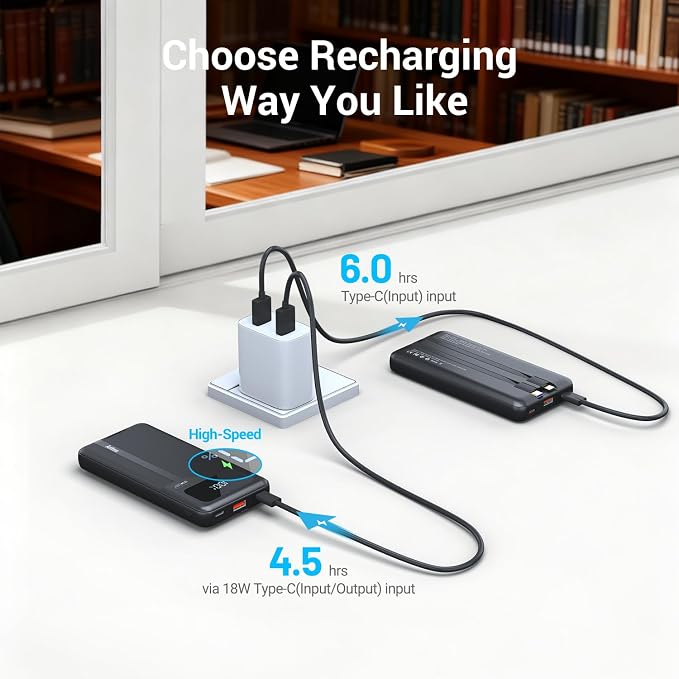 Antteez Portable Charger 10,000mAh, Power Bank Fast Charging with Built-in Cables, 22.5W USB C Travel Battery Pack, LED Display & 4 Outputs, Compatible with iPhone, Samsung, iPad - Image 6