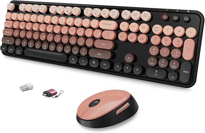 SkyGive Wireless Keyboard and Mouse Combo, Ergonomic Full Size Typewriter Retro Round Keycaps Keyboard, Compatible with Windows, PC, Perfer for Home and Office Keyboards (Aurora Red) by SkyGive