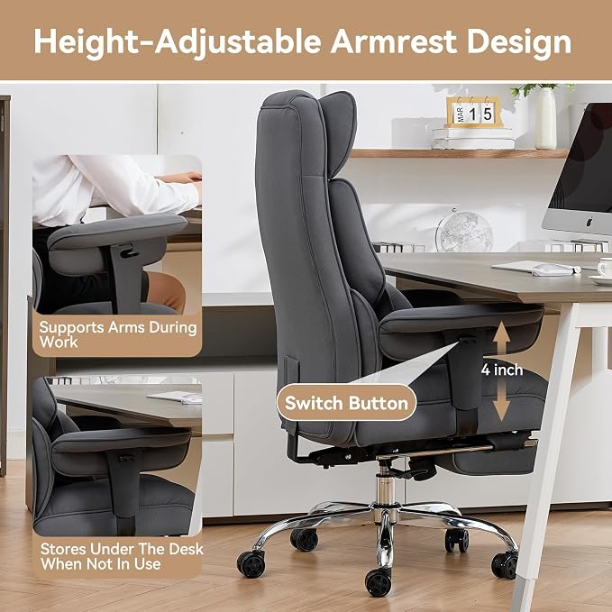 Efomao Executive Office Chair, Bluegrey Fabric Big and Tall Desk Chair | Breathable fabric, pocket spring & foam seat, retractable footrest, 135° recline for computer gaming setup - Image 7