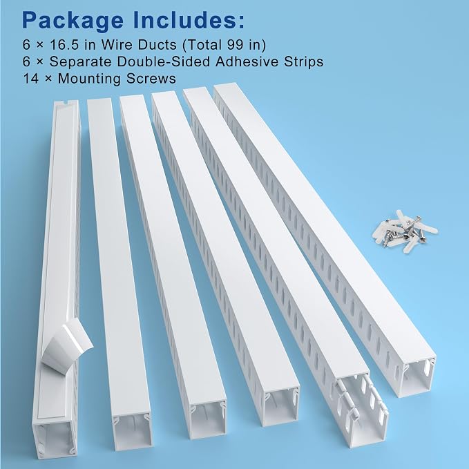 1.6"H x 1.2"W Cable Raceway, 99in Under Desk Wire Management Channel, White | Slotted Wire Duct, 6Pack, 16.5in Each, Heavy-Duty PVC Cable Management for Server Racks, Network Cables & Electrical Cabinets - Image 3