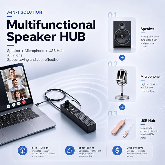 3 in 1 USB Computer Speaker with Microphone, PC Laptop Desktop Conference Speaker with Mic for Smart Home Office and Online Study，360 Degree Enhanced (Modern) - Image 2