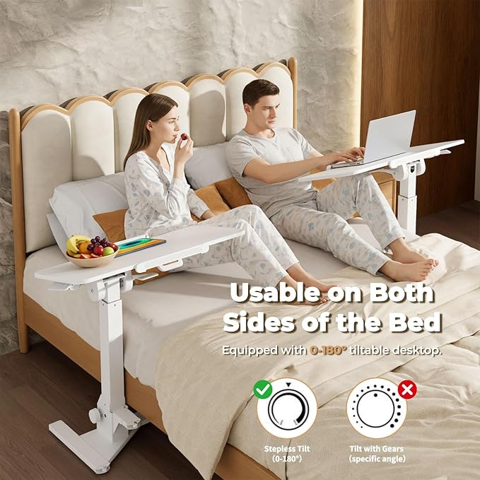JOY worker Foldable Mobile Standing Desk, 180° Tilt Overbed Bedside Table | Height Adjustable, 31.5" White MDF Top with Lips, Collapsible Top & Base for Storage, Poratble Laptop Desk for Home Hospital - Image 3