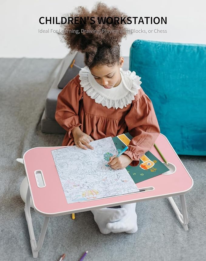 ZEAPTAC Laptop Bed Desk, Foldable Lap Desk, Portable Lap Table, Laptop Stand with Cup Holder, Tablet Slot & Lifting Handle for Work, Write, Draw & Eat on Bed, Sofa or Couch - Rose Pink - Image 4