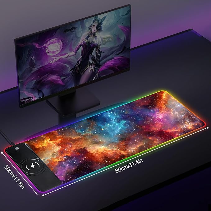 Wireless Charging RGB Gaming Mouse Pad, 31.5 x 11.8 Inch Extended Mouse Mat with Galaxy Nebula Design, LED Desk Pad with 7 Lighting Modes, Non-Slip Base for Gaming & Office - Image 2